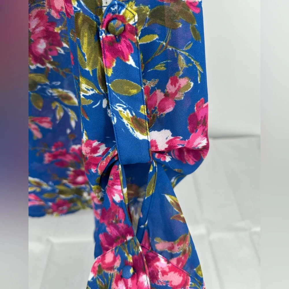 Kut From The Kloth Womens Size XL Blue Pink Floral Long Sleeve Ruffle Button Up - Picture 7 of 11